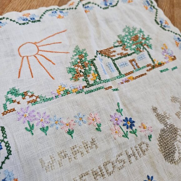 VIntage Handmade Hand Cross Stitch Embroidery Friendship Floral Linen Wall Art - Picture 2 of 5